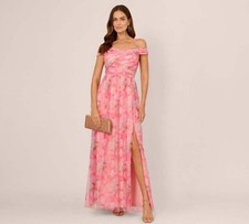 New Adrianna Papell Pink Off the Shoulder Watercolor Tulle Gown- Size 14