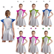 Kids Girls Halloween Alien Costume Shiny Metallic Dress Astronaut Cosplay Outfit