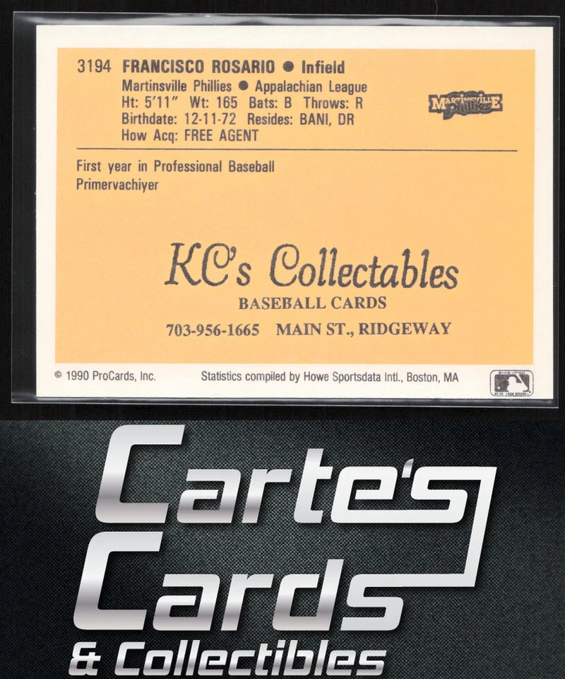 Francisco Rosario 1990 ProCards #3194 Martinsville Phillies - Image 2 of 2