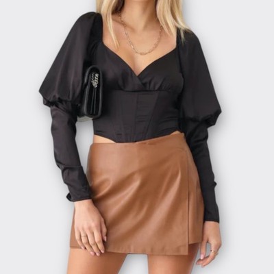 MISSGUIDED Plunge Satin Corset Top 6 Black Bone Puff Long Whimsigoth Coquette