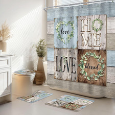 Rustic Eucaluptus Farmhouse Love 4Pcs Bathroom Shower Curtain Set with Rugs