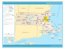 Map of the State of Massachusetts United States Political Physical Poster Print