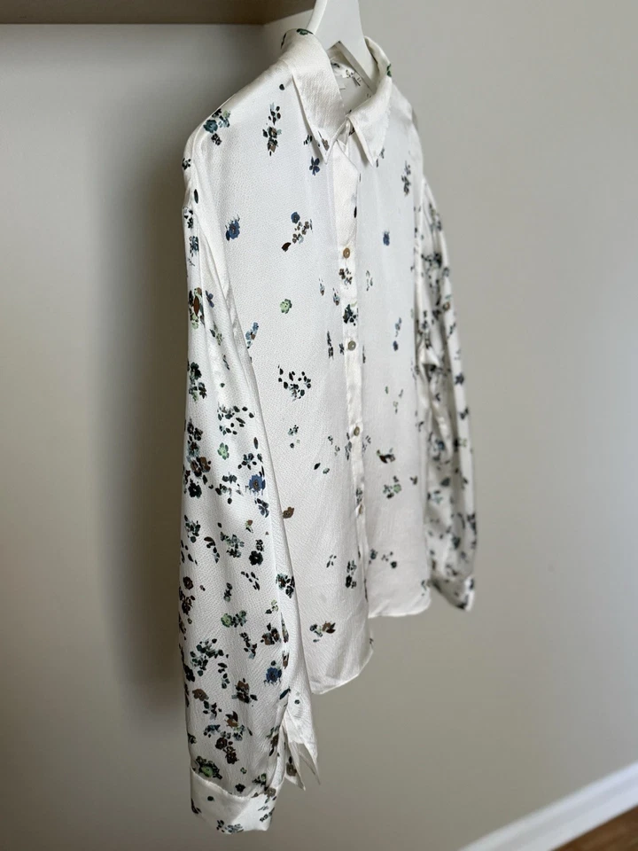 Женская блузка L 100% шелк Vince разбросанный цветочный белый на пуговицах с длинным рукавом - Изображение 2 из 4