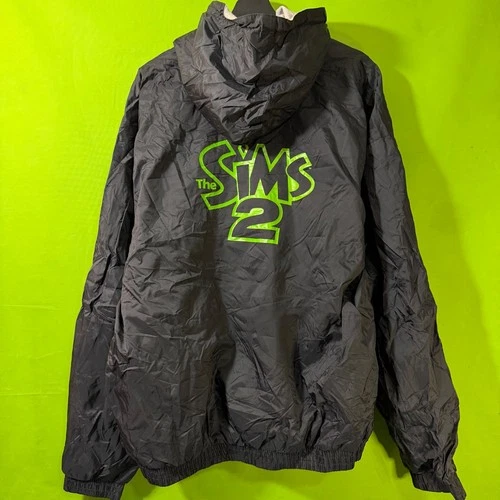 Vintage Y2K The Sims 2 Promo Windbreaker Jacket Black Neon XXL Employee Gaming video thumbnail