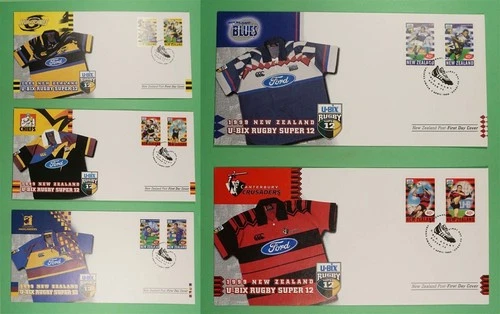 DR WHO 1999 NEW ZEALAND 5 FDC U-BIX RUGBY SUPER 12 SPORTS COMBO R38378