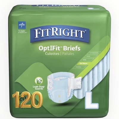 120 CTS, 6 PKs FitRight OptiFit  Incontinence Briefs w/ Tabs, for Large Leak