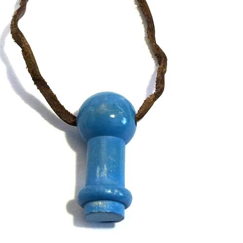 VINTAGE TURNED WOOD WHISTLE HANDMADE PAINTED BLUE NATURAL ECO KIDS LEATHER CORD - Picture 3 of 13