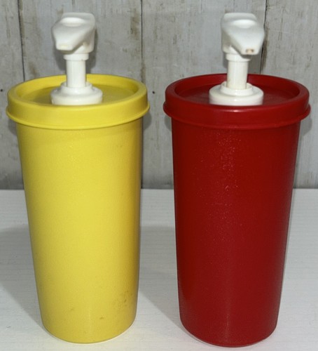 VTG Tupperware Red Ketchup & Yellow Mustard Dispensers 1329 w/Lids 871 & Pumps - Picture 3 of 10