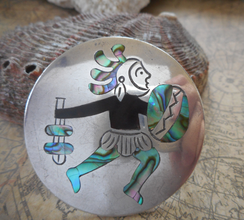 Vintage Taxco Mexico Mosaic Inlaid Mayan Warrior Pendant or Brooch M3148 - Picture 11 of 15