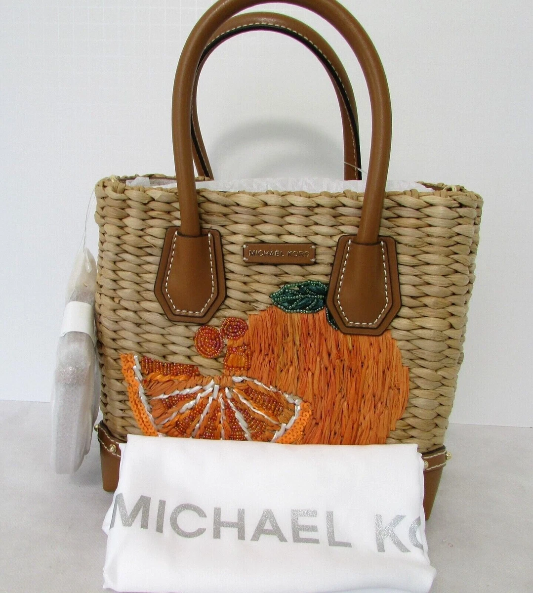 Michael Kors Malibu Medium Messenger Straw Bag Tangerine Natural Handbag NWT