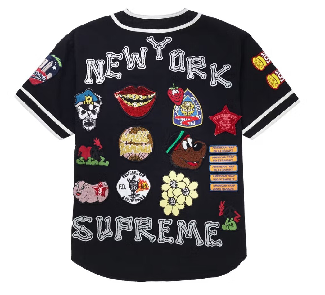 SUPREME:) SS21 Patches Denim Baseball Jersey Black MEDIUM