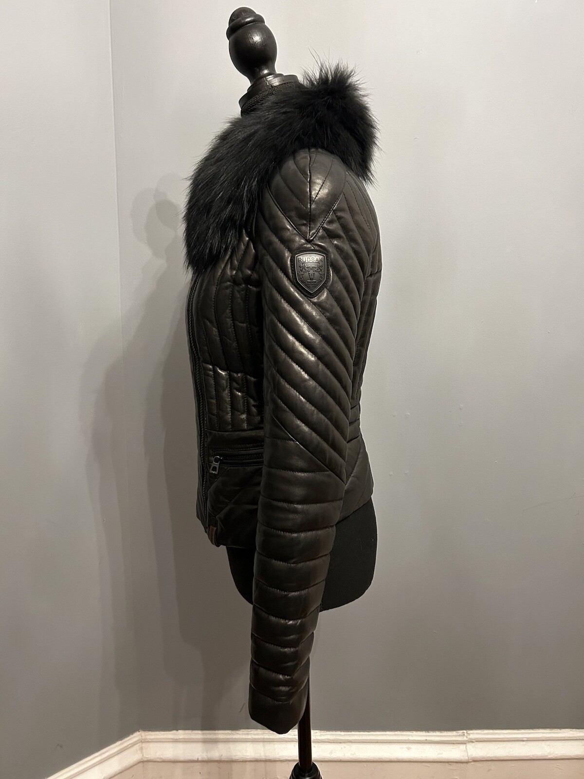 RUDSAK Down-Filled Quilted Leather Jacket With Removable Fur Collar, Size S image 3