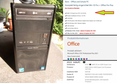 Büro - Schule - Heim Computer PC,  AMD FX 4300,  8GB DDR3, + Win 10, Office 2021