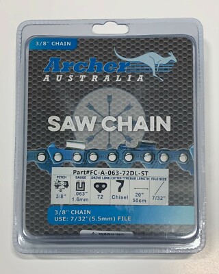 20'' Archer Chainsaw Chain 3/8''-.063-72DL FULL CHISEL SKIP TOOTH
