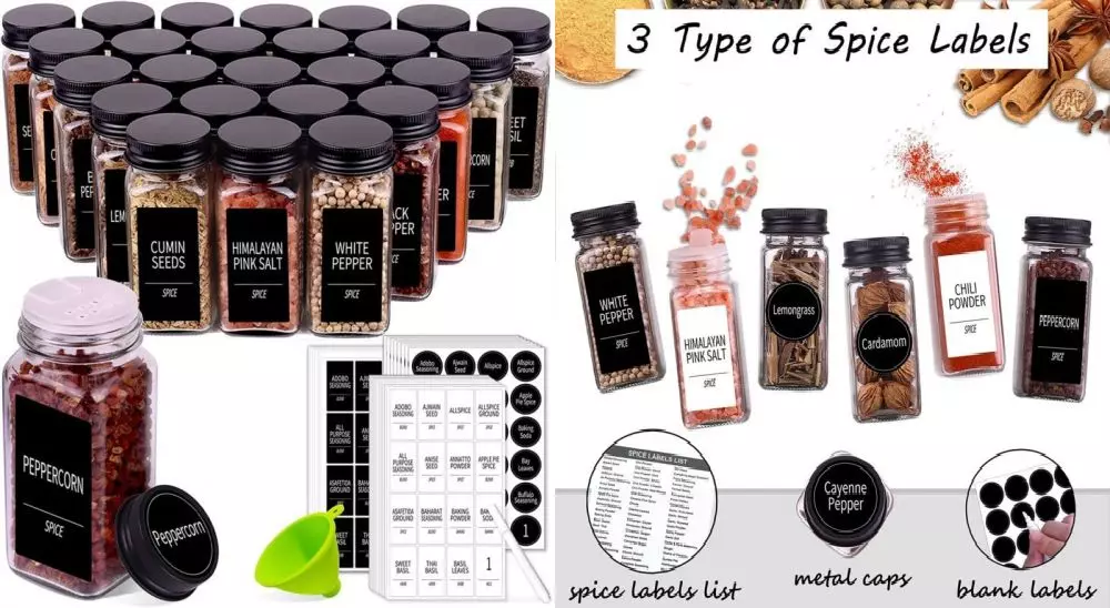 36 Spice Jars with 547 Labels- Glass Spice Jars with Black Metal