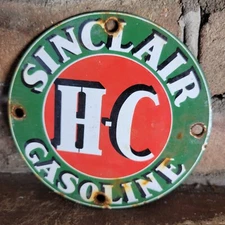 VINTAGE SINCLAIR H-C GASOLINE PORCELAIN GAS STATION PUMP MOTOR OIL DOOR SIGN 5"