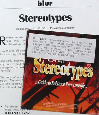 BLUR CD Stereotypes / Wife Swapping UK PROMO + PRESS RELEASE Card STICKERED MINT