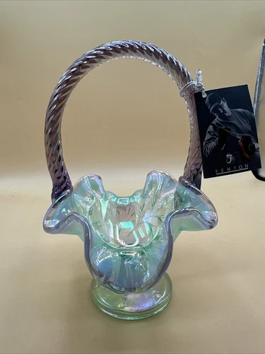 Fenton Hand Painted Art Glass Miniature Iridescent Basket  Artist Signed