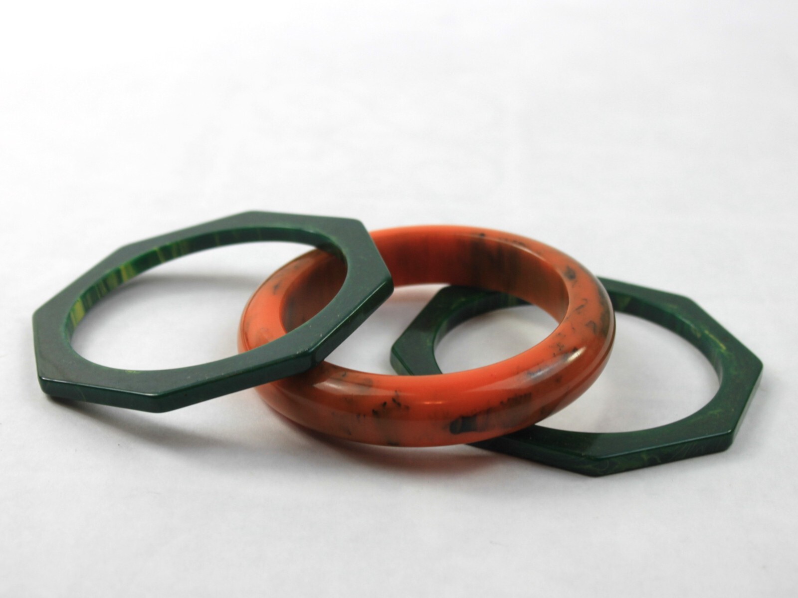 Bakelite Bangle Stack Set Green Yellow Octagon Or… - image 2