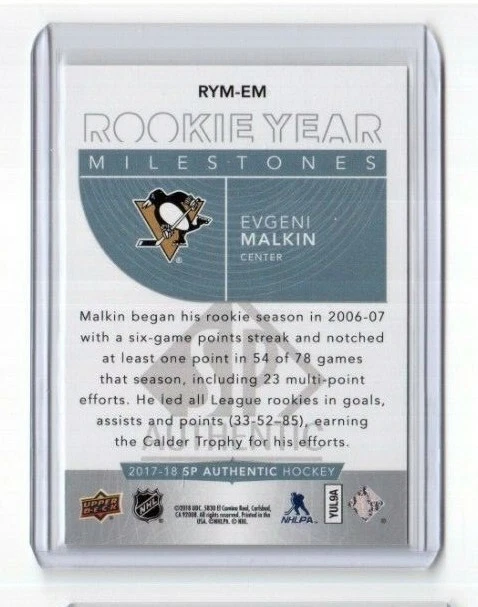 2017-18 SP Authentic Rookie Year Milestones RYM-EM Evgeni Malkin Penguins  - Image 2 of 2