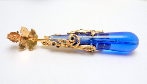 Boucles D'Oreilles Murano Verre Bleu Art Nouveau D'Or 14K Pendentifs Luxe Italie - Photo 5 sur 10
