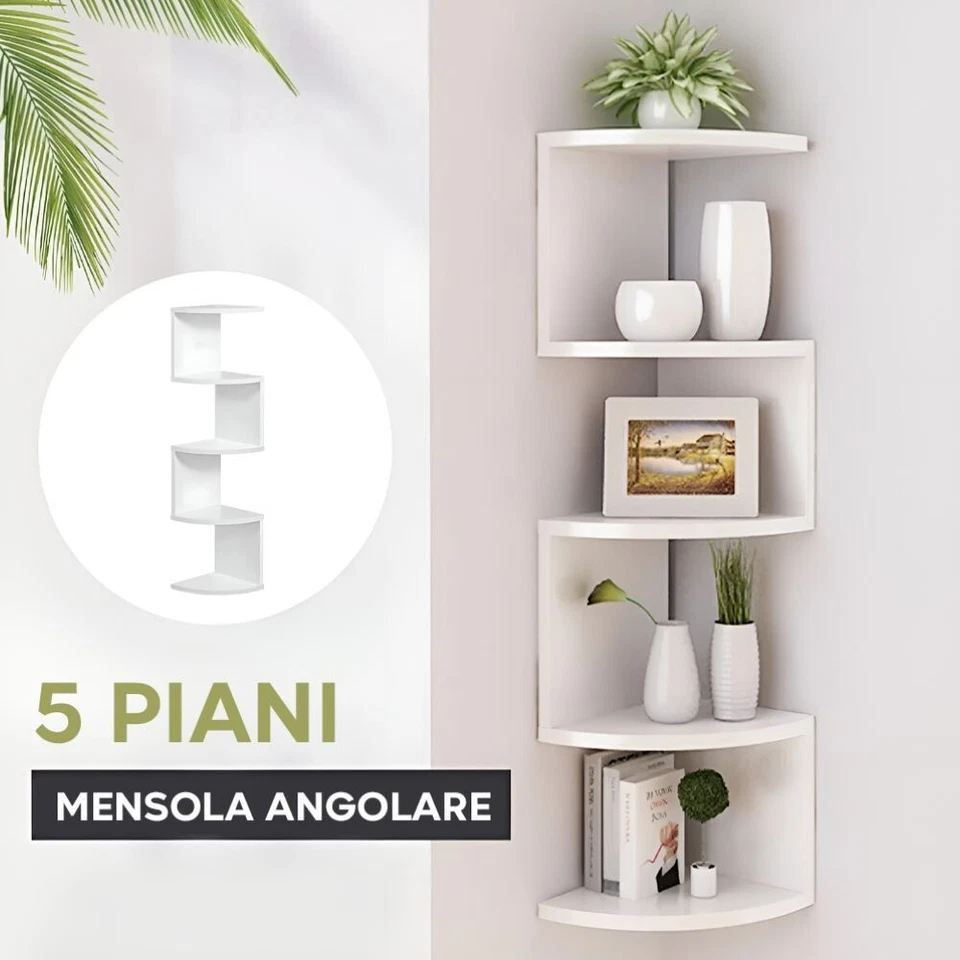 Libreria Scaffale Mensole Parete Angolare Moderna 5 Ripiani ad Angolo Bianco - Immagine 3 di 4