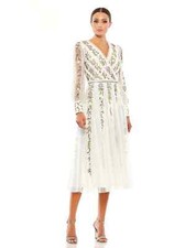 New, MAC DUGGAL White Long Sleeve Embroidered Wrap Midi Dress Size 4 MD380