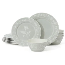 Martha Stewart Maiden Crown Sage Green 12-Piece Dinnerware Set Vegan Bone China