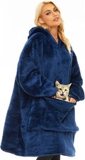 Oversized Sherpa Fleece Hoodie Blanket for Adults - Navy Blue, One Size
