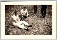 Vtg Snapshot Two Men Seated With Mugs Outdoors 1940s