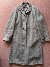 HARRIS TWEED Balmacaan Long Coat Gray Check Plaid Pure Scottish Wool Men's L