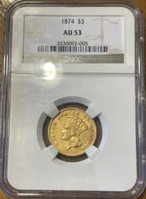 1874 Three Dollars Indian Head Gold $3 NGC AU53