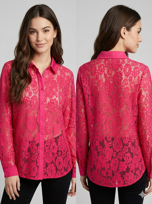 Saks Fifth Avenue Pink Floral Lace Button Down Shirt Top Size Large L Fuchsia