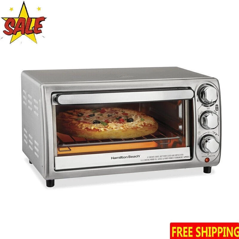 4 Slice Countertop Toaster Oven W/ Bake Pan Auto Shutoff Broil Stainless Steel