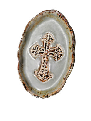 Etta B Pottery Cross Design Trinket Dish/Tray Oval - Blue Glaze - 8.75 Length