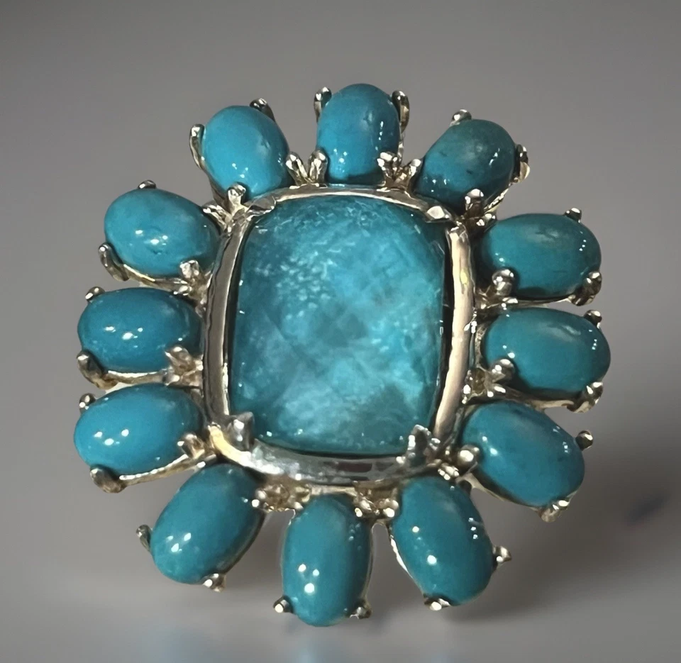 Sterling Silver Sleeping Beauty Turquoise Flower Ring QVC Statement SZ 6 - Image 2 of 4
