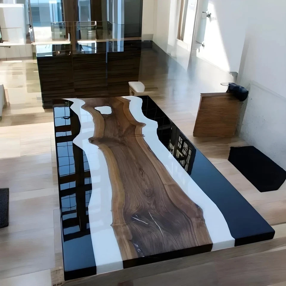 60"x30" Epoxy River Table Black White Live Edge Acacia Wood Resin Dining Desk - Image 4 of 4