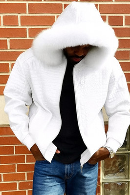 Mens White Crocodile Leather Embossed Jacket With detachable Fur Hood Biker Coat