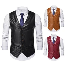 PU Leather Men's Vest Waistcoat for Tuxedo Wedding Prom Formal Business Vest
