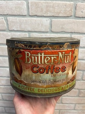 Vintage Butter Nut Coffee 3lb Paper Label Tin Coffee Can Round