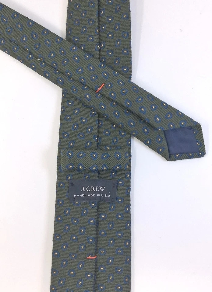 J. Crew 羊毛领带佩斯利橄榄绿色蓝色金色紧身 Foulard 美国制造 2.5 — 第 3/4 张图片