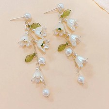 White Tulip Green Leaves Drop Earrings For Women Pearly Lustre Flower Shape Long