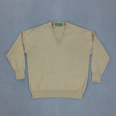 Vintage 90er Montagut Herren V-Ausschnitt Pullover L beige Langarm Wolle Acryl