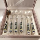 Vintage Korean Silver Dessert Spoon Set Enameled Handles IRIS Flower Pattern