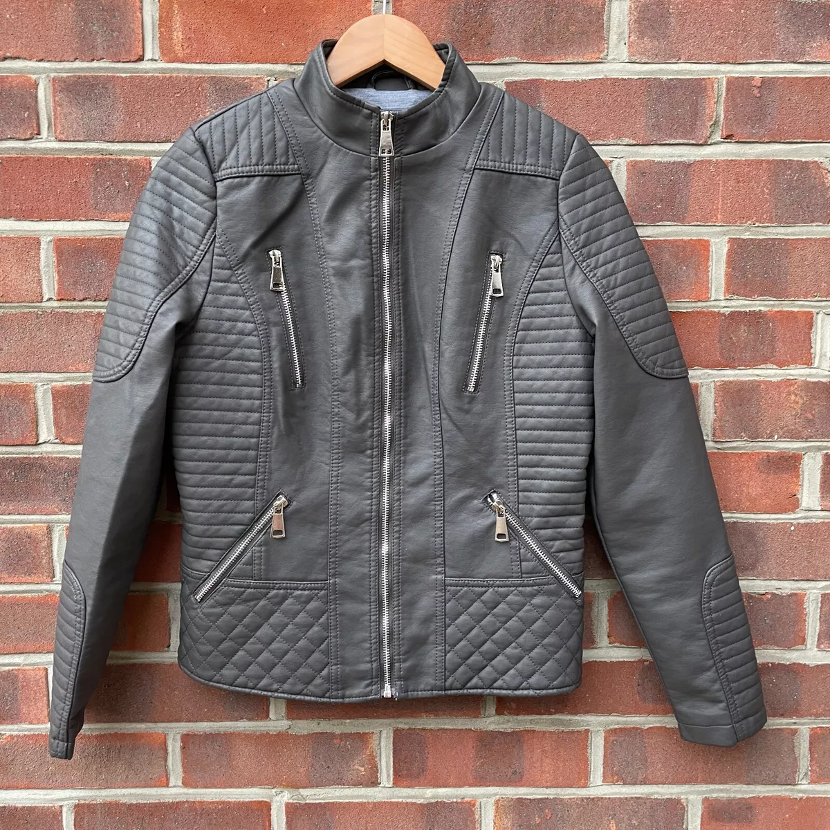 YMI Faux Leather Jacket Womens UK Small 8 Grey Zip Up Biker Cool