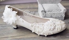 Lace white ivory crystal Wedding shoes Bridal flats low high heel pump size 3-10
