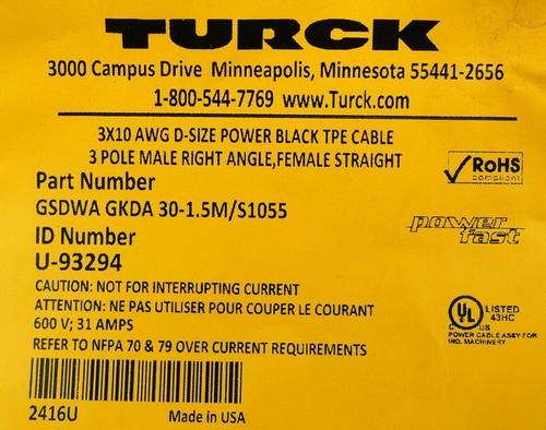 Turck GSDWA GKDA 30-1.5M/S1055 U-93294 1,5m TPW Power Cable -unused- - Bild 2 von 6
