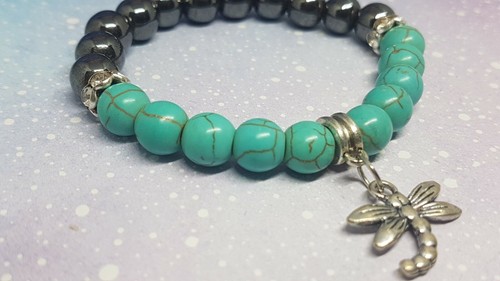 Turquoise Howlite & Grey Hematite Dragonfly Beaded Bracelet. Handmade Jewellery - Picture 3 of 5