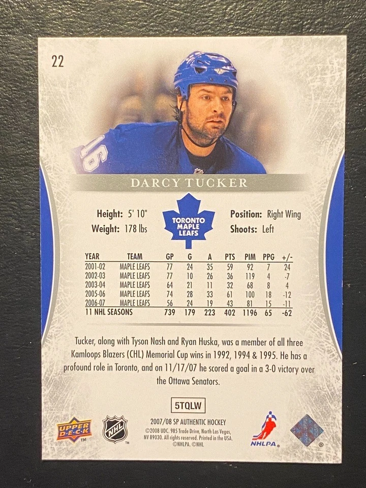 Darcy Tucker 2007-08 Upper Deck SP Authentic #22 Toronto Maple Leafs - Image 2 of 2