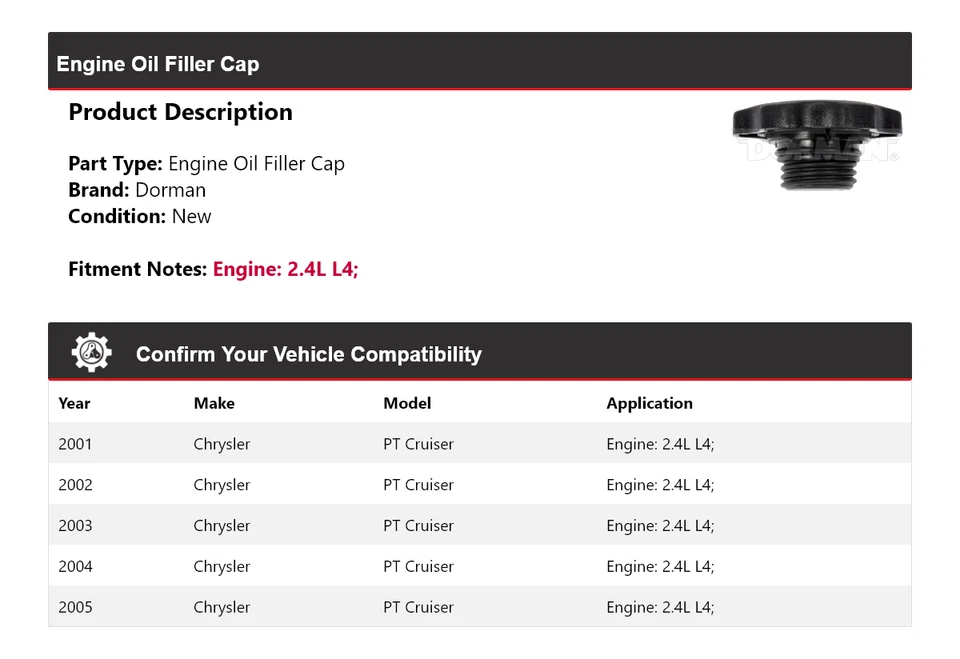 Tapa de llenado de aceite de motor Dorman 2,4 L L4 2001-2005 Chrysler PT Cruiser 2002 2003 Foto 2 de 4